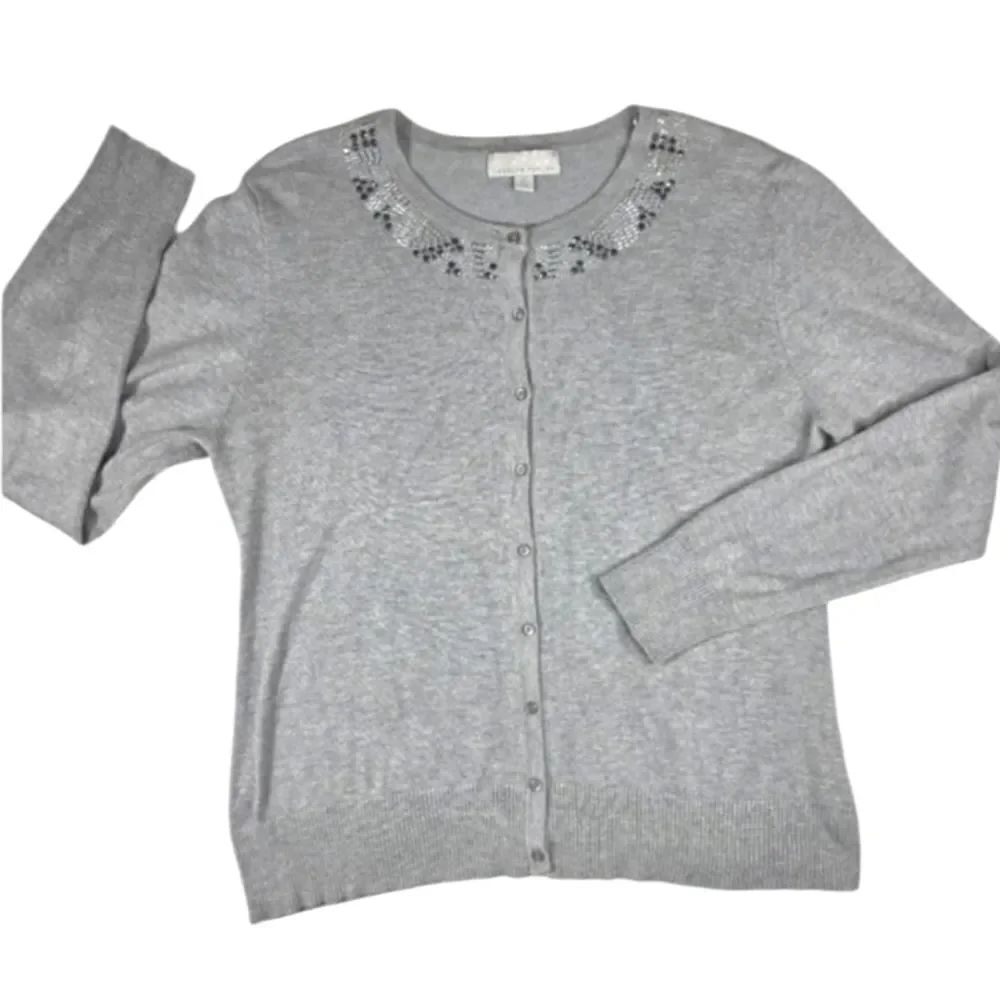 Carolyn Taylor Gray Sweater with Embellished Neckline